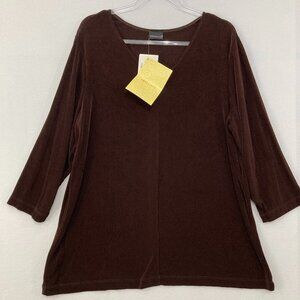 New Citiknits size 1X Brown V Neck Stretch Slinky Knit 3/4 Sleeve Blouse